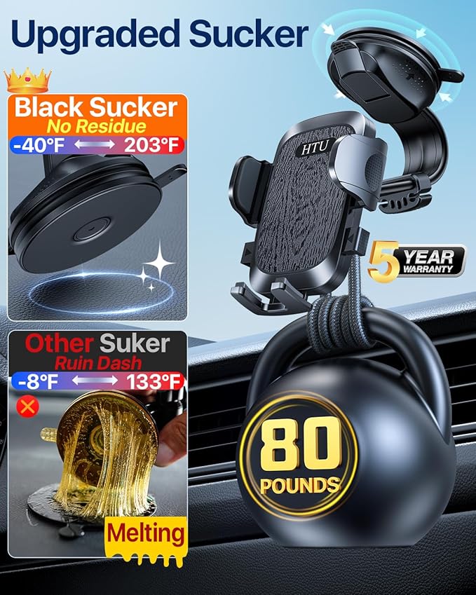 HTU Upgraded Strongest Suction Car Phone Holder Bendable Arm, Never Block View Rotatable Cellphone Mount for Dashboard Windshield Vent, Cradle Stand for iPhone 17 16 15 14 13 12 Pro Max (Black)