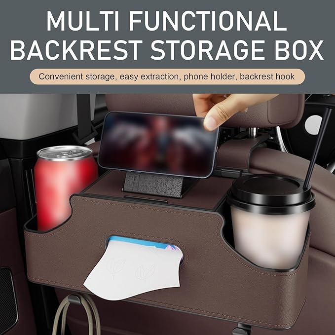 1 PC Car Seat Back Organizer, Car Back Seat Multi-Function Storage Box with 2 Drink Cup Holders, 11.42" x 3.35" Leather Tissue Organizer, Universal for Most Cars, Trucks, SUVs (Brown)