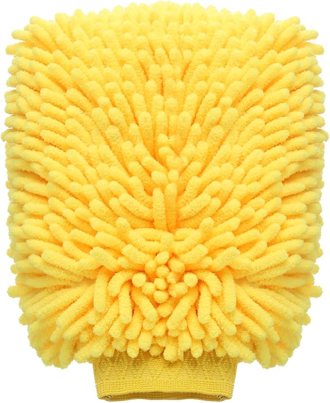 HARFINGTON Chenille Microfiber Car Wash Mitts 9" x 5.5" Scratch Free Wash Gloves Absorbent Double Sided Plush Cleaning Drying Mitts for Car Washing Home Clean Yellow