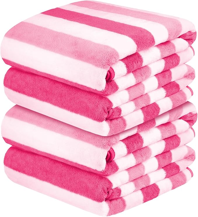 JML Microfiber Bath Towels Set of 4, Large Bathroom Towel for Adult, 30" x 60", Soft, Super Absorbent & Fast Drying, Use for Shower, Sauna, Sport, Fitness, Yoga, Cabana Stripe Pink
