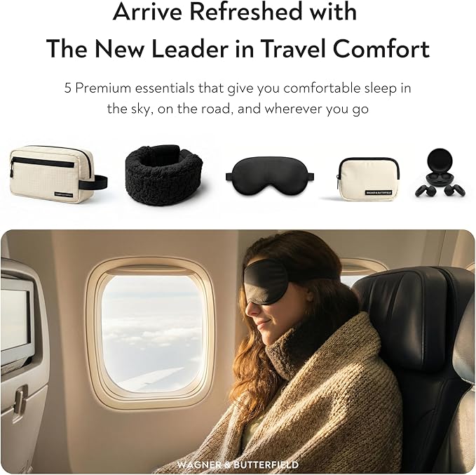 Slim Travel Neck Pillow for Long Flights, 360° Memory Foam Support Travel Neck Pillow with Premium Airplane Comfort Essentials 5pc Set, Best for Sleeping on Airplanes, Cars, Trains | Compact Bag