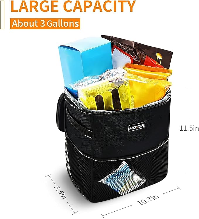 HOTOR 3 Gallons Car Trash Can, Ultra Large Capacity Organizer and Storage with Adjustable Straps & Magnetic Snaps, Waterproof Car Accessory for Interior Car Stuff Storage, Black