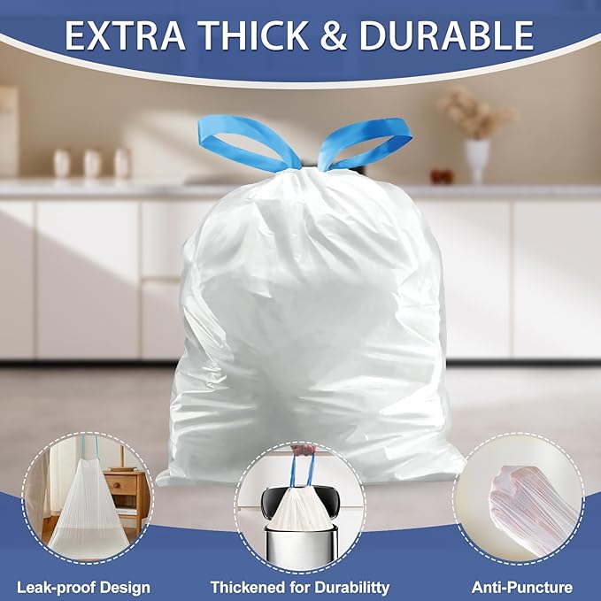 15 Gallon Trash Compactor Bags with Drawstring - 120 Count Heavy Duty 1.7 Mil Garbage Bags 56 Liter Tall Kitchen Bin Liners Unscented White for Home Yard Lawn
