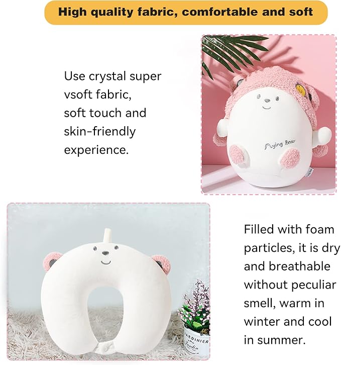 Kids Travel Pillow - 2-in-1 Deformable Kids Neck Pillow for Traveling, Soft U-Shaped Pillow with Adorable Animal Design, Comfy Sleep and Play, Ideal for Airplanes and Cars - Pink Bear