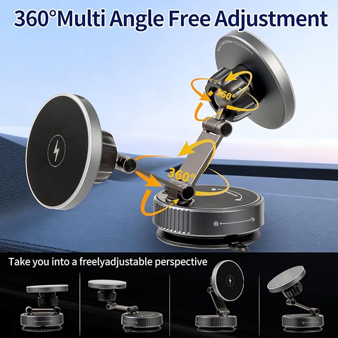 MagSafe Car Mount Charger for iPhone-15W Fast Wireless Charging, 360° Rotation Adjustable Car Phone Holder, 120LBS Strongest Vacuum Suction, 2800gf Strong Magnetic Phone Holders for Your Car