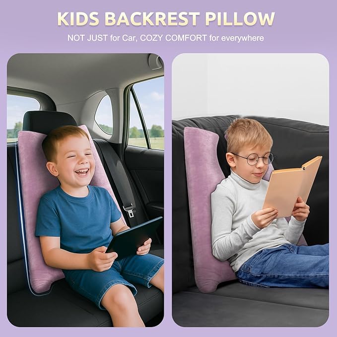Car Pillow for Kids, Travel Pillow with Adjustable Strap, U-Shaped Pillow for Adults and Children to Support Head and Body Road Trip Essentials (Purple)