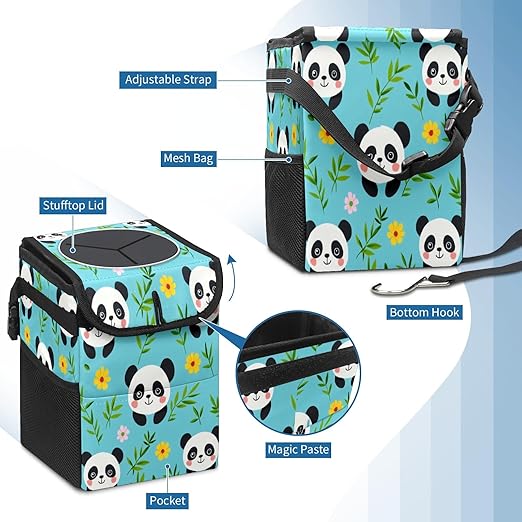 Car Trash Can with Lid, Small Portable Hanging Automotive Garbage Bin for Vehicles, Leakproof Waste Bag Container for SUV Truck Van Interior Auto Travel Road Trips(Panda and Bamboo Leaves)