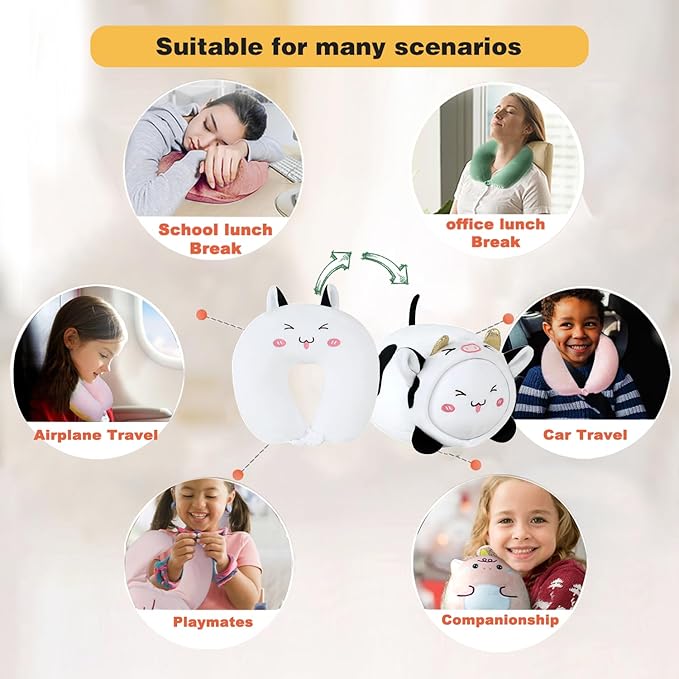 Kids Travel Pillow - 2-in-1 Deformable Kids Neck Pillow for Traveling, Soft U-Shaped Pillow with Adorable Animal Design, Comfy Sleep and Play, Ideal for Airplanes and Traveling (QQ Milk Cow)