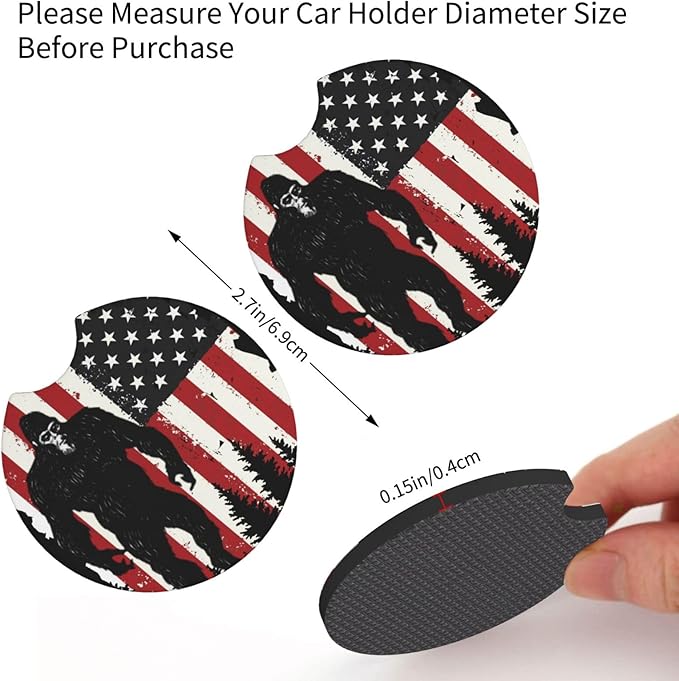 Bigfoot 4th of July Vintage America Flag Car Coasters for Cup Holders Pack of 2 Neoprene Cup Mat Pad Vehicle Interior Accessories for Men Women