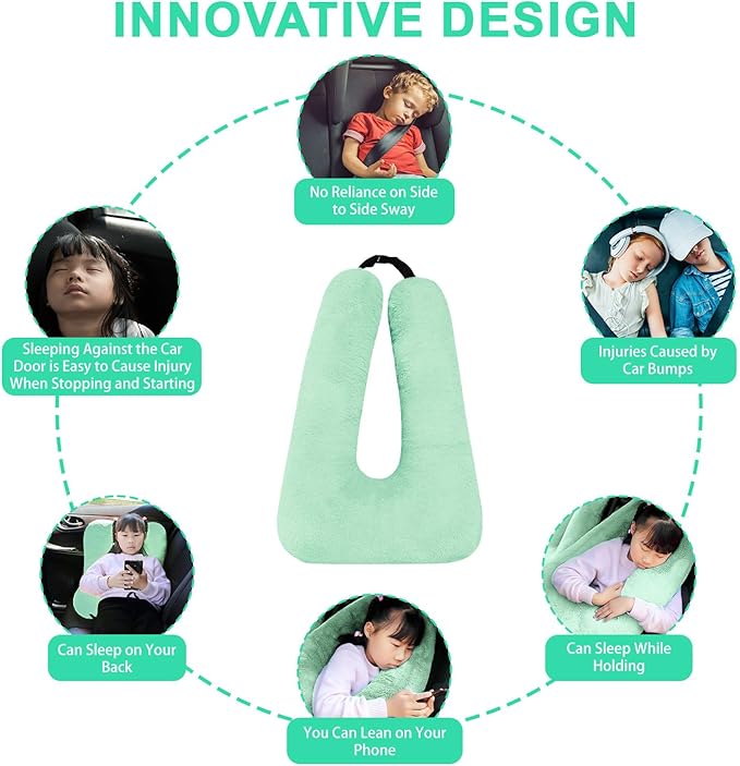 Travel Pillow, Travel Pillow for Kids, Sleeper Hold Pillow Travel, Removable U-Shaped Pillow for Adults and Children to Support Head and Body in The Back Seat of Long Car Trips (LightGreen)
