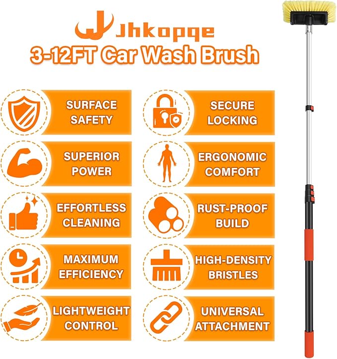 12FT Car Wash Brush with Extension Pole - Telescoping Long Handle Cleaning Tool with Non-Scratch Soft Bristles - Heavy Duty Aluminum Pole for RV, Truck, Boat, Solar Panels & High Windows