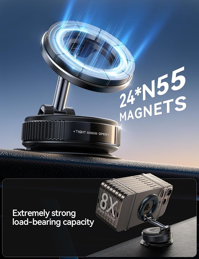 JOYROOM Magsafe Car Mount, Car Mount for iPhone with Strong Magnet, 360° Metal Strut Vacuum Suction Cup Phone Mount for iPhone 17 Air Pro Max/16 15 14 13 12 Series& Android Magsafe Case, Black