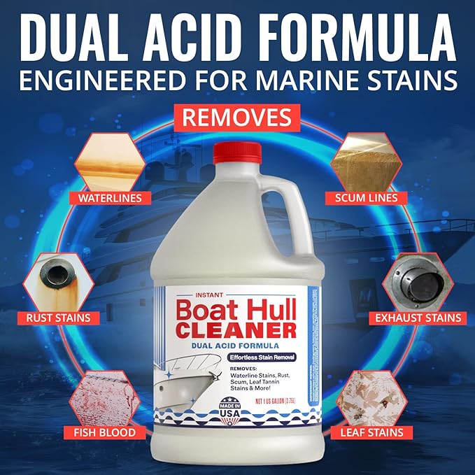 [1 Galllon] Instant Boat Hull Cleaner - Made in USA - Powerful Dual Acid Formula Easily Removes Scum Lines, Rust Stains, Hard Waterlines, & More from Fiberglass, Gelcoat & Painted Boat Surfaces