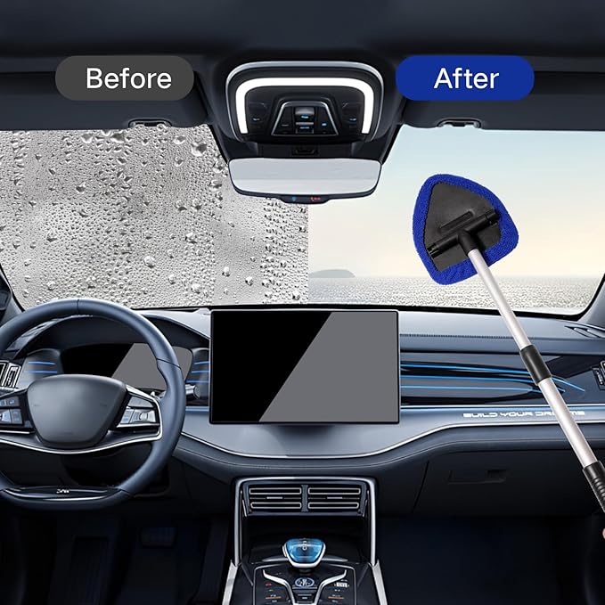 10pcs Windshield Cleaning Tool Inside Car Window Cleaner Wash Kit with 4 Reusable Microfiber Pads 1 Spray Bottle and Extendable Handle Interior Auto Glass Wiper Kit, Blue