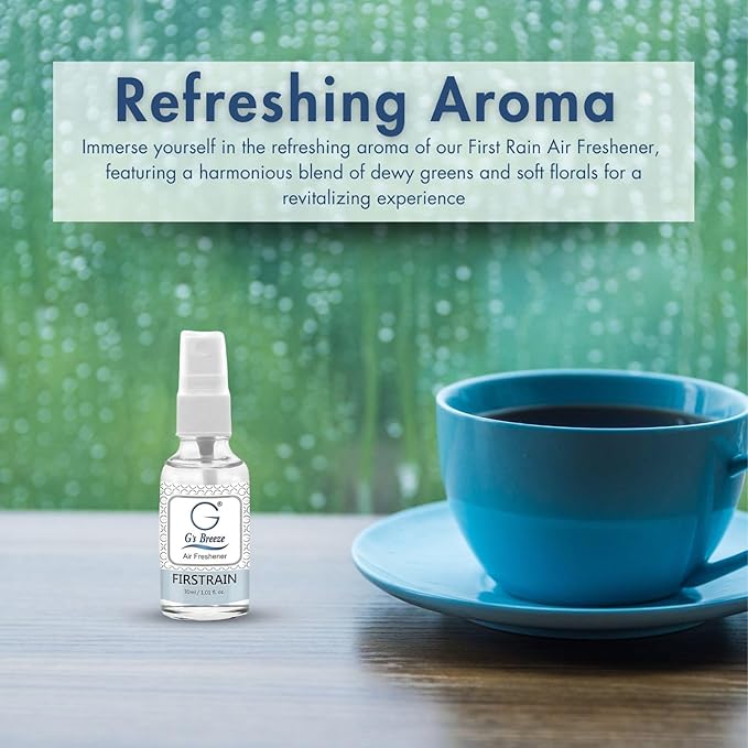 G's Breeze First Rain Air Freshener - Fresh Greens, Soft Florals, Crisp Air Essence - Refreshing Earthy Scent - Long-Lasting Aroma - Ideal for Home, Car, Office - Compact & Convenient, Odor Eliminator