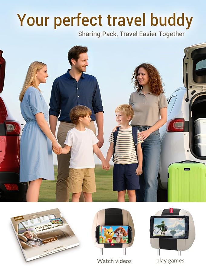 Silicone Car Phone Holder, Adjustable Phone Headrest Mount Compatible with iPhone 17 16 15 14 Pro Max, Samsung Galaxy S25, S25 Ultra and other 3.5 - 7 Inch Cell Phones for Kids in Back Seats - 2 Pack