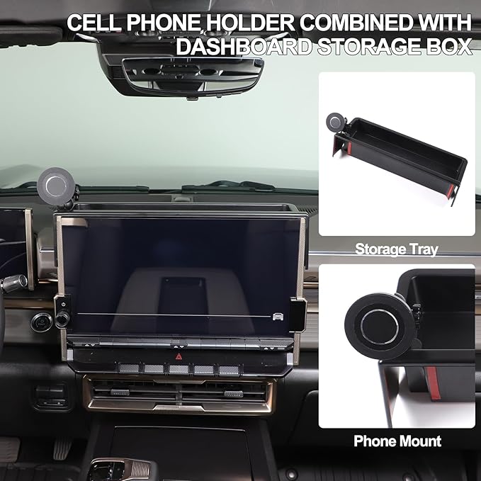 for Hummer EV Accessories Center Console Dashboard Storage Tray Aluminum Phone Holder Mount,360 Degree Rotatable Phone Holder Stand Dash Box Organizer for Hummer EV SUV Pickup 2022-2024 2025 2026 (F)