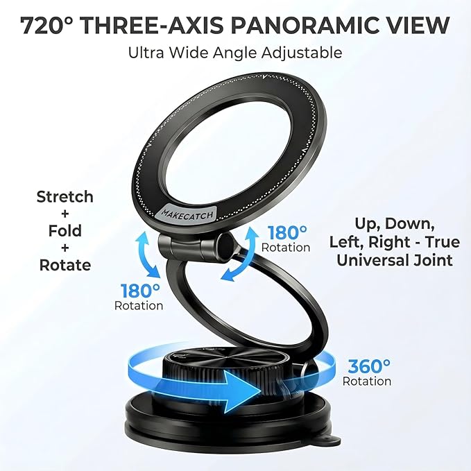 Vacuum Magnetic Car Phone Mount, 120+LB N55 Magnet (3000gf) Dashboard & Windshield Holder with Ultra-Stable Suction Cup, Foldable 0.83in Compact Car Mount for iPhone Samsung –Black