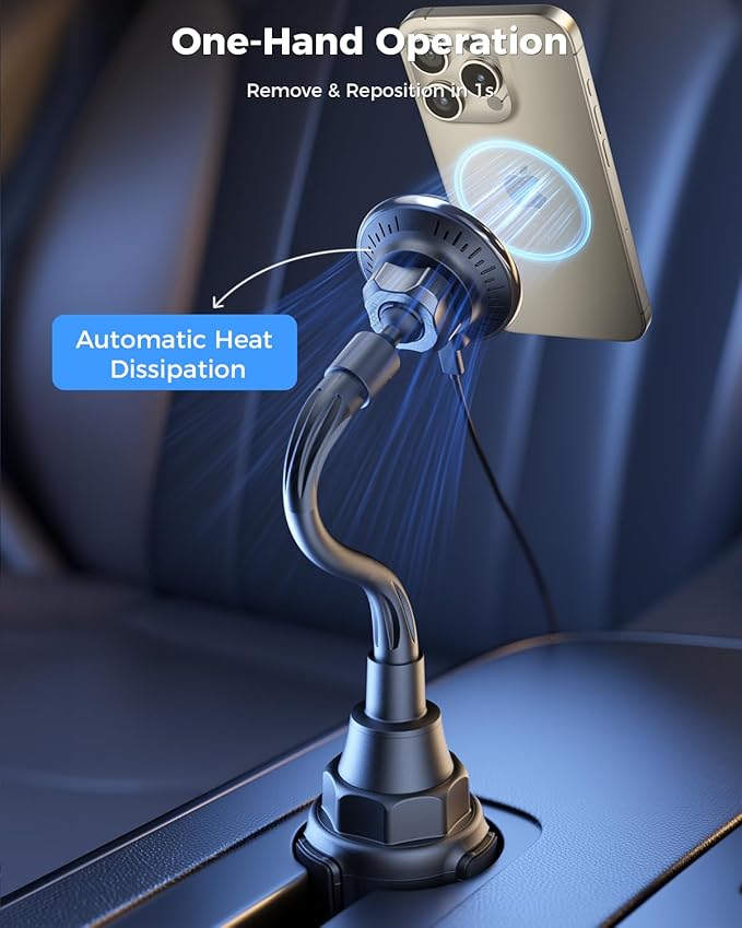 SUPERONE 2026 Upgraded for MagSafe Cup Holder Charger, MagSafe Car Mount Charger 15W Fast Charging with Adjustable Gooseneck for iPhone 17 16 15 14 13 12 Pro Max Plus Mini MagSafe Case