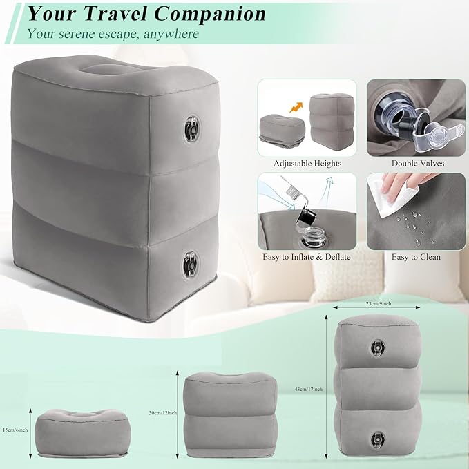 Inflatable Foot Rest Airplane Pillow - Adjustable 3 Layers Height Leg Rest Pillow,Kids Airplane Bed,Foot Rest Under Desk,Leak-Resistant Flight Cushion,Travel Essentials for Office,Home,Trains,Cars