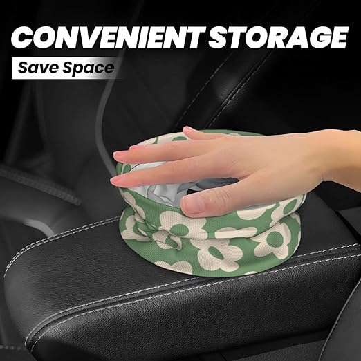 Car Trash Bag Vintage Green Groovy Flowers Waterproof Trash Small Car Can Portable Collapsible Car Garbage Can Hanging for Back Seat Floor or Hanging Headrest Car Decor Road Trip Essentials