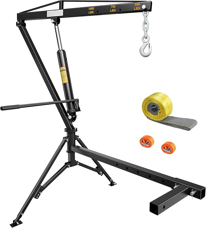 1000lbs Receiver Hitch Mounted Hydraulic 360° Swivel Truck Crane with 3 Boom Capacity Options: 500lbs, 750lbs, 1000lbs. Ideal for Workshops, Construction, Agriculture, and Logging, Black