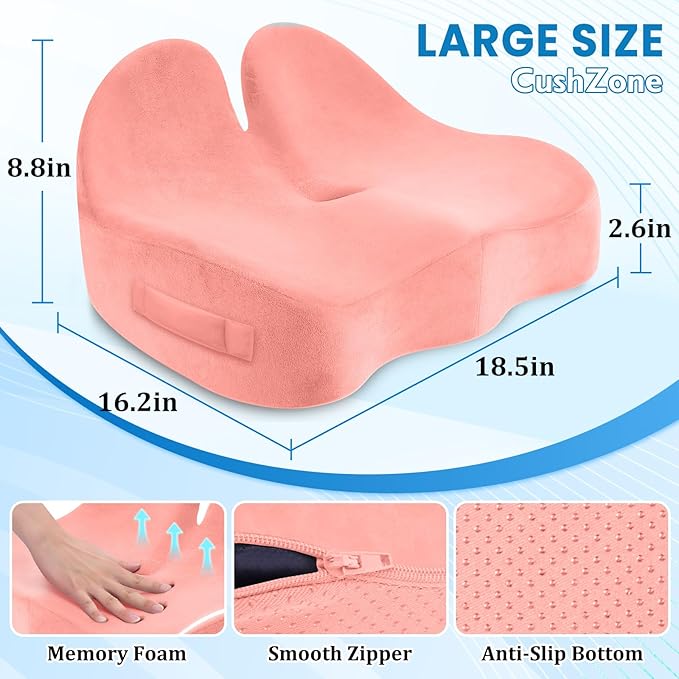 Seat Cushion, Memory Foam Office Chair Seat Cushion for Office Chairs/Car/Long Trip/Desk Chair/Gaming, Large Size for Sciatica & Hip & Tailbone Pain Relief, Sciatica Support (Pink)