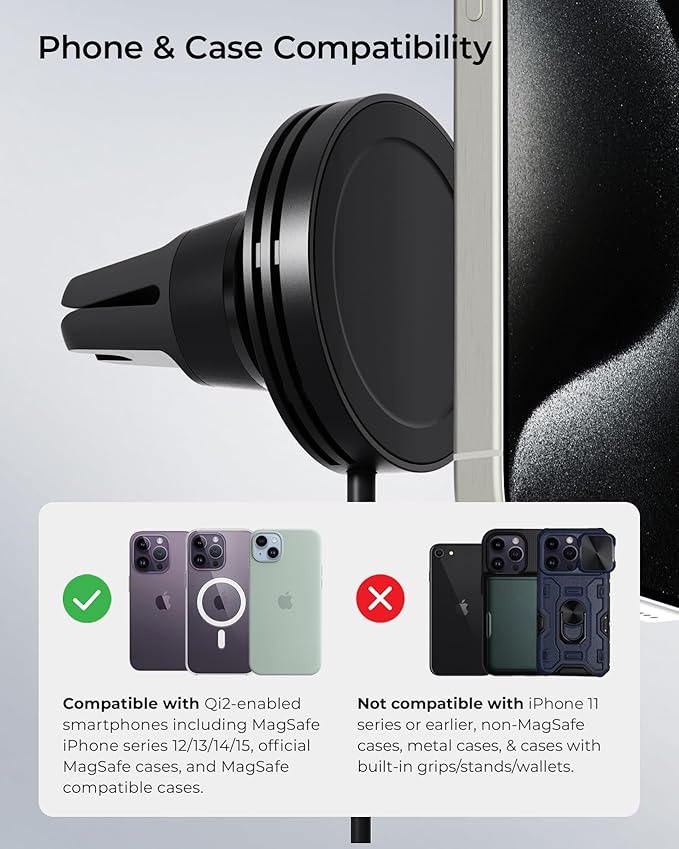iOttie Velox Qi2 Mini Wireless Charging Car Mount - MagSafe Compatible Air Vent Phone Mount with 15W Charging for Qi2-enabled Smartphones Including iPhone 12, 13, 14, 15 and 16. Car Charger Included.