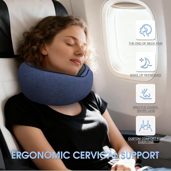 Neck Travel Pillows for Airplanes Memory Foam Neck Comfort Pillow Compact Ergonomic Design Sleeping Essentials for Long Flights Car Rides and Home Use (Blue)