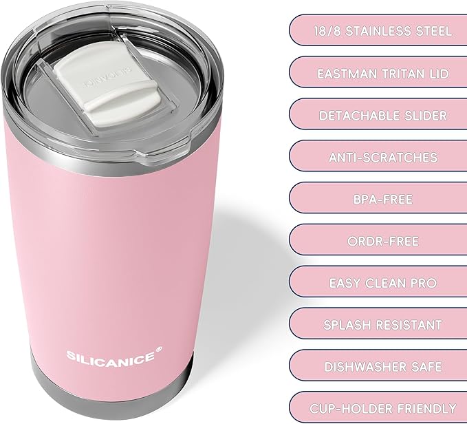 20oz Vacuum Insulated Tumbler - Double Wall Stainless Steel Coffee Mug with Detachable Slider Lid, BPA Free, Car Cup Holder Compatible - Gym/Office/Travel/Home -Pink Sand