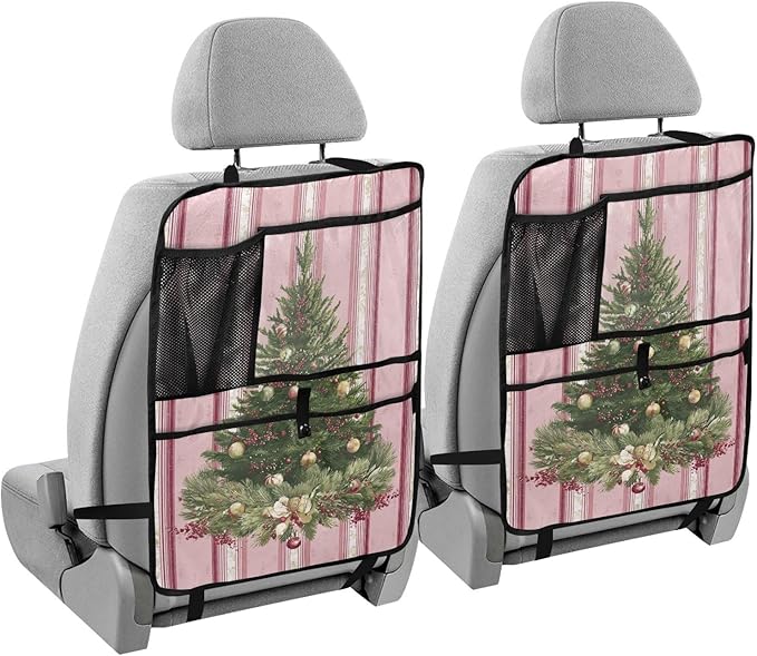 1 Pack Back Seat Car Organizer with Storage Pockets Kick Mats Back Seat Protector Hanging Car Organizer Automotive Seat Back Cover Organizers Cute Pink Striped Christmas Tree