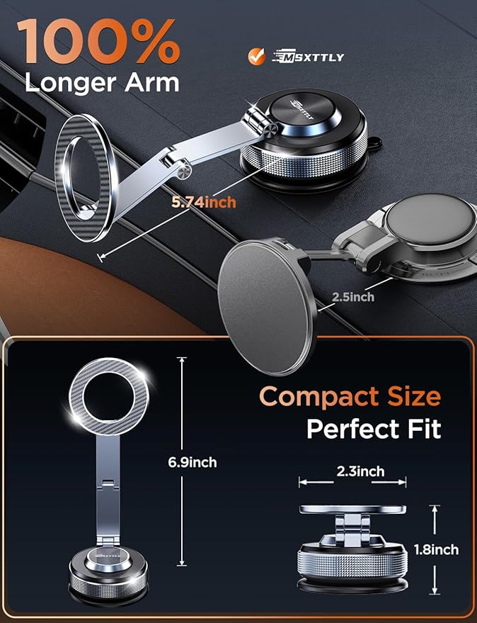 Car Phone Holder 360° Adjustable Tesla Phone Mount Foldable 2026 MagSafe Car Mount Zinc-Alloy Tesla Phone Holders for Your Car for iPhone 17 Pro Max 16 15 14 13 12 Plus, Carbon Fiber