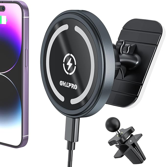 OHLPRO for MagSafe Car Mount Charger iPhone Wireless Car Charger, Stick on Dashboard Magnetic Phone Holder Mount for iPhone 17 Pro Plus Max 16 15 14 13 12 Series, 15W Fast Charging, Aluminum Shell