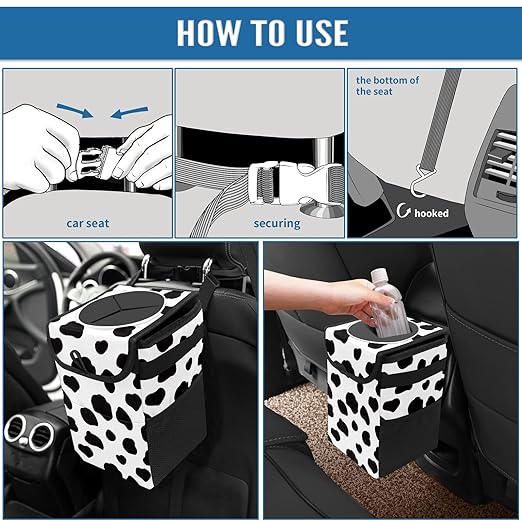 Black and White Cow Print Car Trash Can with Lid Collapsible Reusable Waterproof Car Garage Bag,Automotive Garbage Can,Car Accessories Interior Car Organizer
