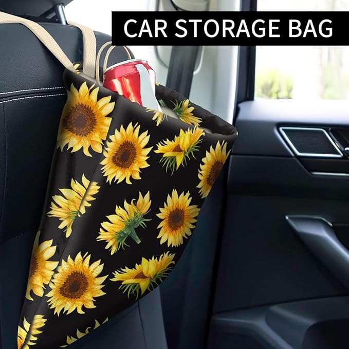 Car Trash Can, Cute Car Trash Bag, Hanging Car Organizer and Storage Bag, Trash Bin for Car Accessories, Vehicle, Travelling, Camping Watercolor Sunflower