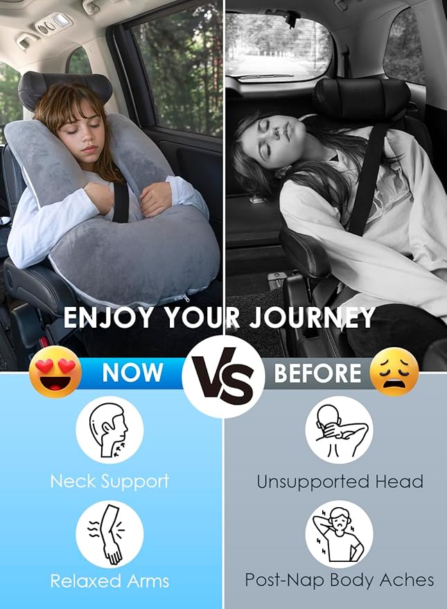 QUEEN ROSE Car Travel Pillow for Sleeping, Adjustable Head Support for Adults & Kids, Breathable Soft Neck Cushion for Road Trips, Machine Washable Cover, Grey