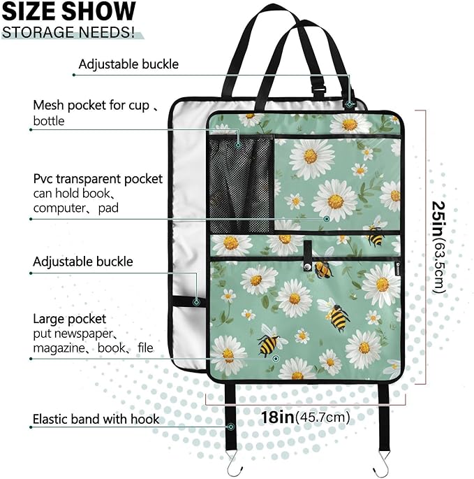1 Pack Back Seat Car Organizer with Storage Pockets Kick Mats Back Seat Protector Hanging Car Organizer Automotive Seat Back Cover Organizers Mint Green Daisy Flowers and Bees