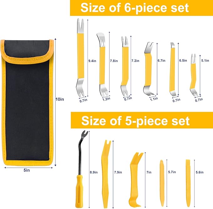 11 PCS AutoTrim Removal Tool Kit, Metal Pry Tool Auto Fastener Remover Pry Bar Set Trim Remover Kits for Vehicle Door Panel, Audio Radio Panel, Dashboard Repair Kit Yellow