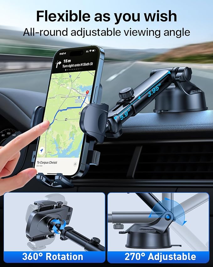 HTU [True Military-Grade] 2025 Upgraded Car Phone Holder 【Safety Certs & No Smell】 Cell Phone Holder for Car Mount for Dashboard Windshield Air Vent Long Arm Thick Case,Sapphire Blue