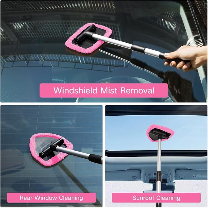 10pcs Windshield Cleaning Tool Inside Car Window Cleaner Wash Kit with 4 Reusable Microfiber Pads 1 Spray Bottle and Extendable Handle Interior Auto Glass Wiper Kit, Pink