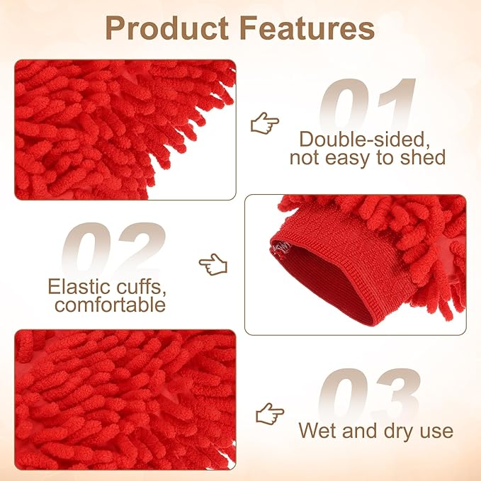 HARFINGTON 2pcs Chenille Microfiber Car Wash Mitts 9.8" x 7.9" Scratch Free Wash Gloves Absorbent Double Sided Plush Cleaning Drying Mitts for Car Washing Home Red