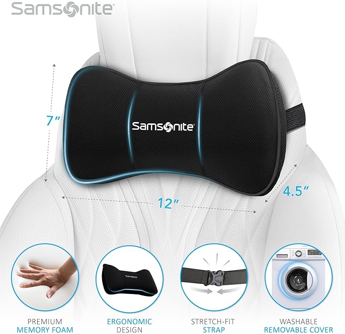 Samsonite Neck Pillow for Car – Ergonomic Memory Foam Headrest Cushion – Car Seat Support for Driving Comfort – Compact Neck Rest – Travel Pillow for Long Road Trip, Black
