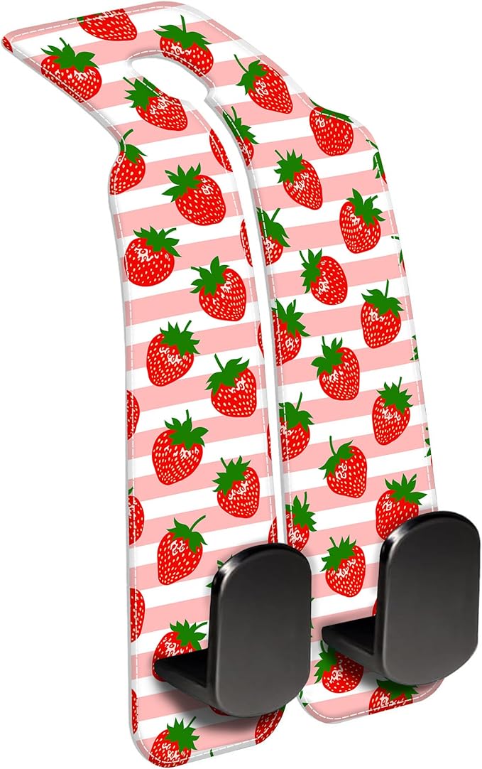 1 Pack Car Seat Headrest Hooks for Purses and Bags Watercolor Pink Strawberry Striped Bag Purse Holder for Car with Double Metal Hooks Car Purse Hanger Hanging Accessories