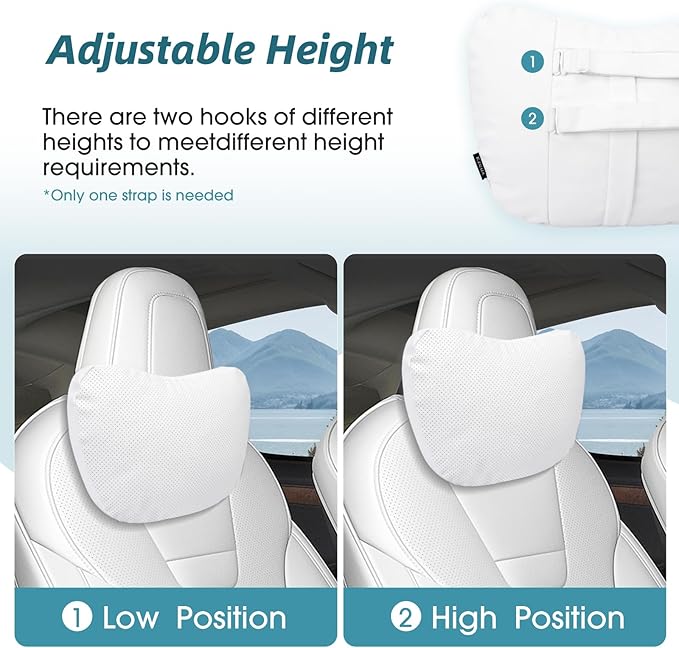 Upgraded Car Seat Neck Pillow - Adjustable Height Headrest Cushion - Fits Tesla Model 3/Y/S/X High Elastic Pearl Cotton Interior and Ventilated Nappa Leather - Neck Pain Relief (2 Pack White)