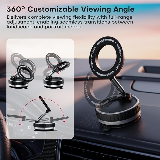 Vacuum Magnetic Phone Holders for Your Car[120+ LB Strongest Suction & 2800gf Strongest Magnetic], 360° Adjustable Suction Cup Phone Mount for Magsafe, Car Mount for iPhone 17/16/15 Pro Max & Android