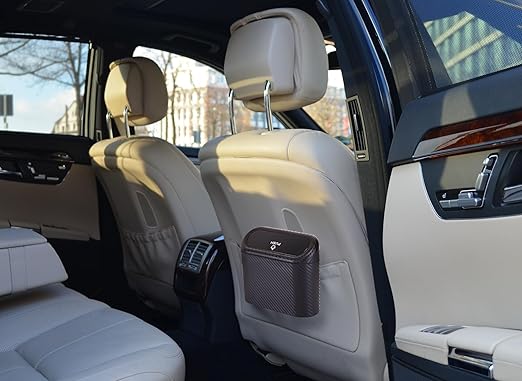 Ginsco Mini Car Trash Can with Lid, Small Car Garbage Can, Cute Leakproof ABS Car Trash Bin, Car Accessories for Interior, Garbage Bin for Car, Home, Office with 120pcs Trash Bags Carbon Fibre