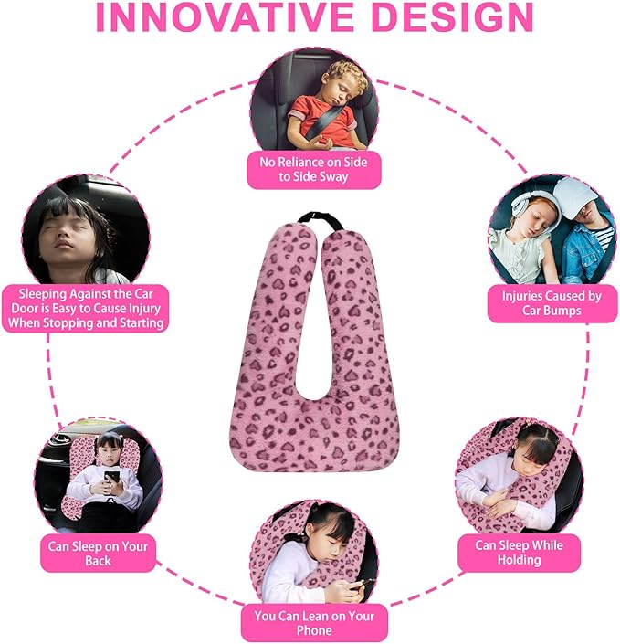 Travel Pillow, Travel Pillow for Kids, Sleeper Hold Pillow Travel, Removable U-Shaped Pillow for Adults and Children to Support Head and Body in The Back Seat of Long Car Trips (Pink Leopard Print)