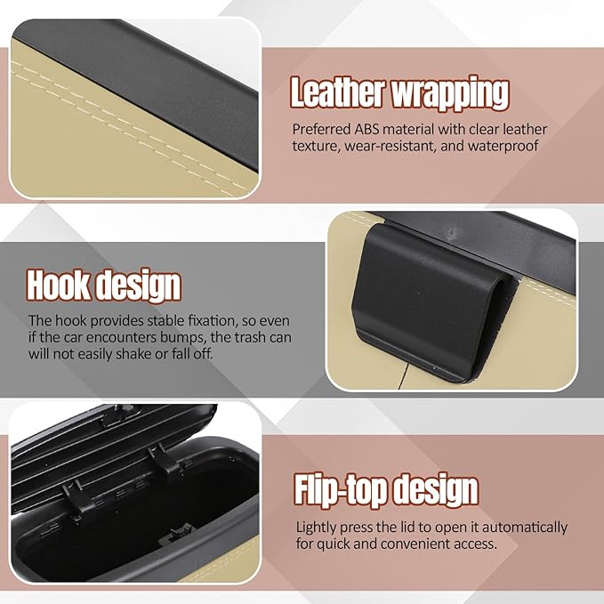 Wuyaoyao Car Trash Can with Lid, Leather Automotive Trash Bin with Garbage Bags, Leakproof Cars Door Hanging Garbage Can, Mini Multi-Purpose Vehicle Storage Organizer, Interior Car Accessories (Beige)