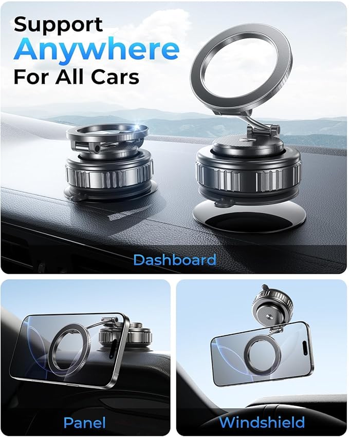 2026 Heavy-Duty Magnetic Phone Holder for Car, Ultra Strong Vacuum Suction Magsafe Car Mount with Full Metal Arm 360° Adjustable Phone Holder for Dashboard & Windshield for iPhone 17 Pro Max & Samsung