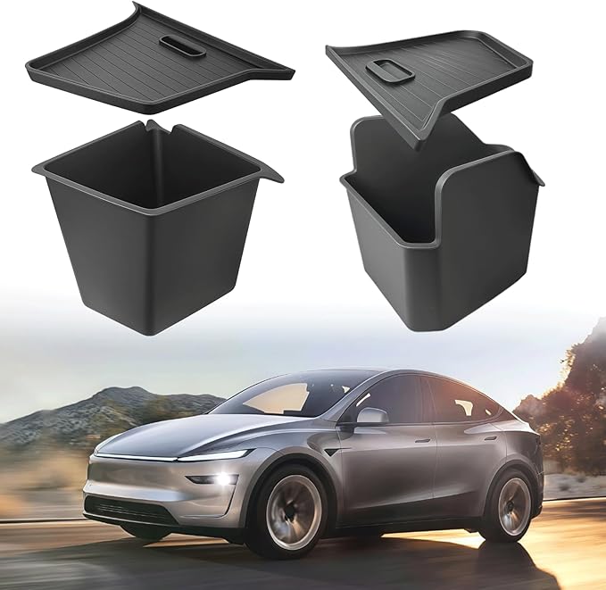 Trunk Storage Bins with TPE Lids Compatible with 2025 2026 Tesla Model Y Juniper , 2 PCS TPE Waterproof Trunk Side Storage Box Organizer Fit Tesla Model Y Accessories